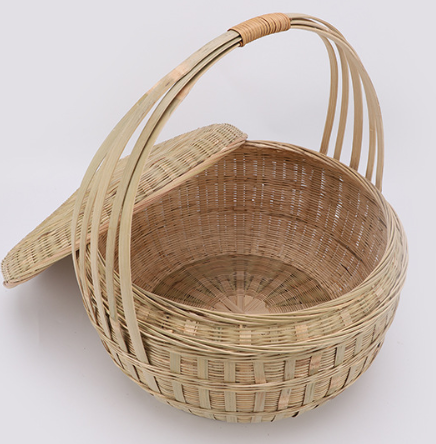 Round Bamboo Woven Basket with Lid and Handle