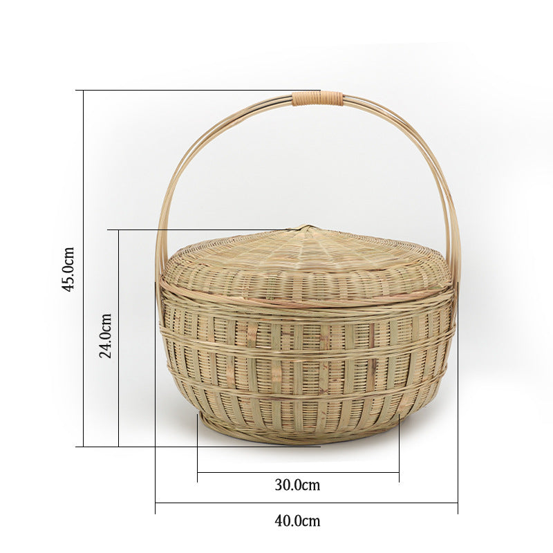 Round Bamboo Woven Basket with Lid and Handle