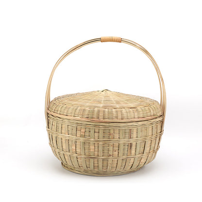 Round Bamboo Woven Basket with Lid and Handle
