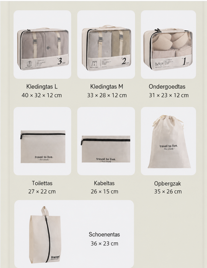 7-delige travel organizer set – geen kofferchaos meer op vakantie