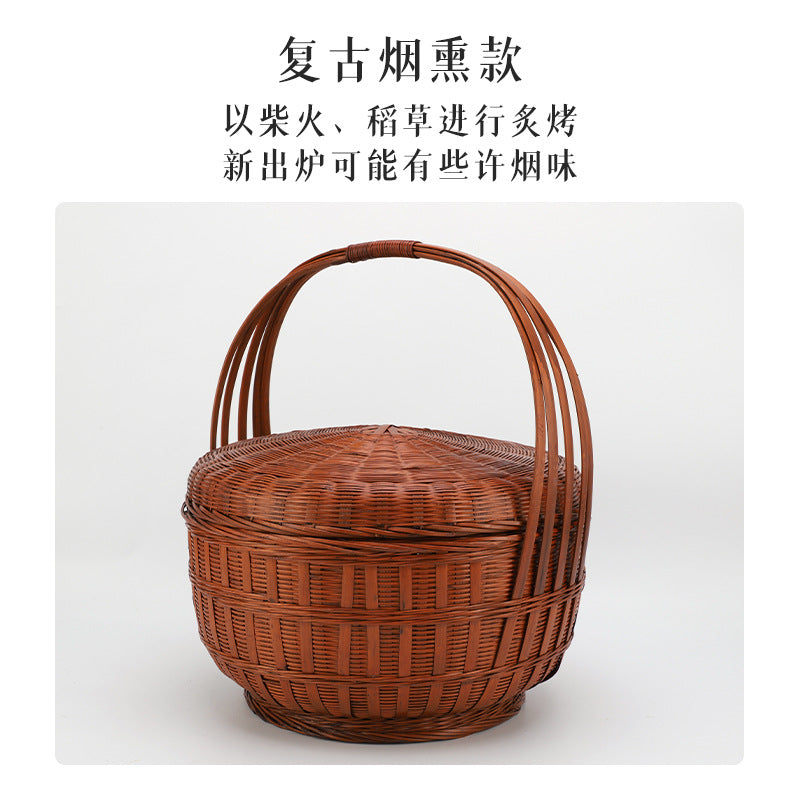 Round Bamboo Woven Basket with Lid and Handle