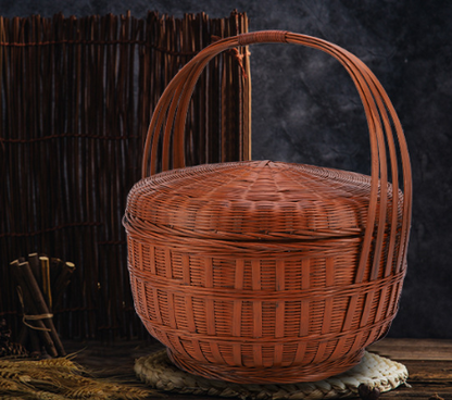 Round Bamboo Woven Basket with Lid and Handle
