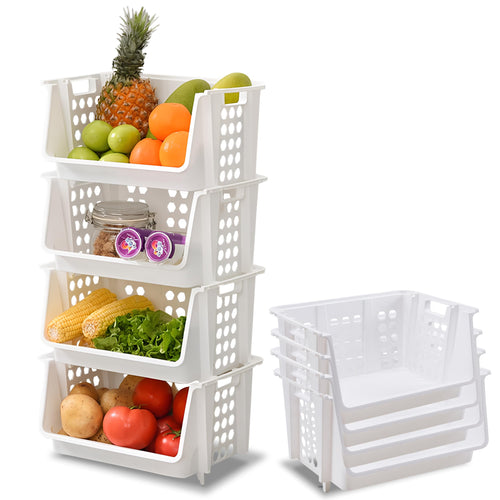 TidyFriend Plastic Stackable Bins for Pantry 4-Pack Large Stacking Bins Open Front Toy Organizers Kitchen and Bathroom Essentials (White)